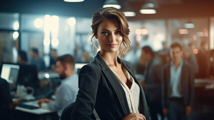 Obraz premium Professional businesswoman positioned at her workstation with colleagues visible in the backdrop.