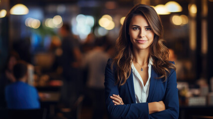 Obraz premium Professional female entrepreneur positioned at her workstation with colleagues visible in the backdrop.