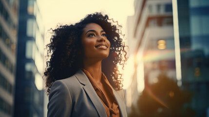 Content, affluent, prosperous, accomplished black businesswoman standing amidst towering urban skyscrapers during sunset, contemplating a prosperous vision for the future