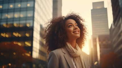 Fototapeta premium Content, affluent, prosperous, accomplished black businesswoman standing amidst towering urban skyscrapers during sunset, contemplating a prosperous vision for the future