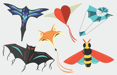 Set of colorful fairy cartoon kites. Butterfly, fox, bee,bat. Flat Vector llustration wind kite game on white background