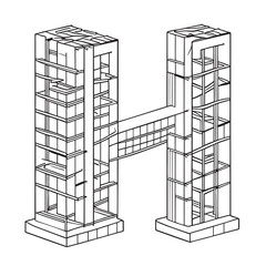 letter h made out of construction steel rebars, vector illustration line art