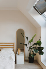 Modern Nordic Scandinavian home interior design. Bedroom with comfortable bed, tropical palm plant,...