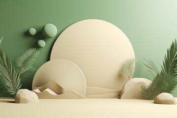 3D mock-up beige and green style showcase podium stage for a product presentation - minimal, clean, and natural concept