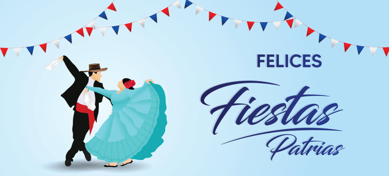 Fiestas Patrias - Chilean Independence Day celebration Spanish phrase. people dance and celebrate vector poster 