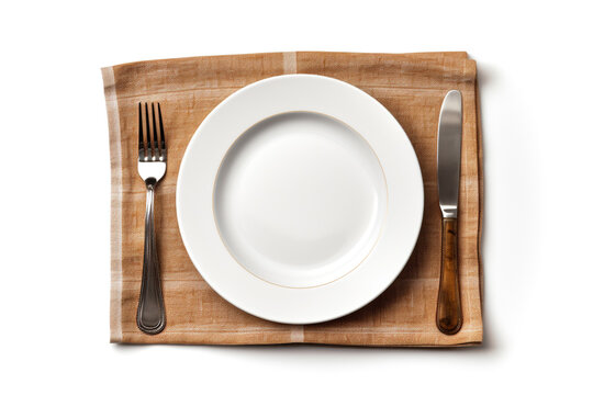 plate, knife and fork on napkin cloth on white background with generative Ai