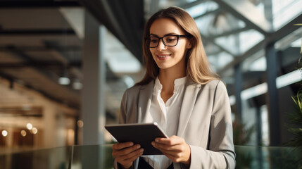 Fototapeta premium Indoor Professionalism: Confident Business Woman and Tablet