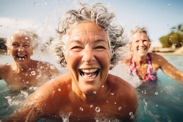 Active aging. Energetic group of senior women having a blast in a water aerobics session at an...