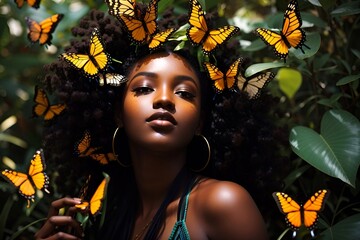 Beautiful African American black woman with curly hair standing in the jungle with butterflies around her. AI generated