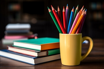 Fototapeta premium Books stacked and a red app on the top of that, colored pencils in a holder cup on a wooden table