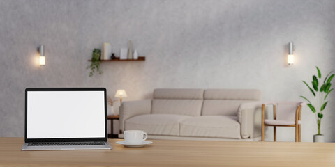 A desk with a laptop mockup with a blurred modern living room in the background. 3d render illustration