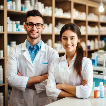 Pharmacist/pharmacist standing at the medicine counter. Ai generative.