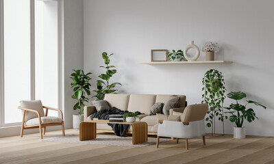 Modern minimalist interior with an armchair on empty cream color wall background.3D rendering