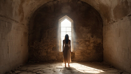 A woman stands with her back to an old jail cell in a medieval castle.