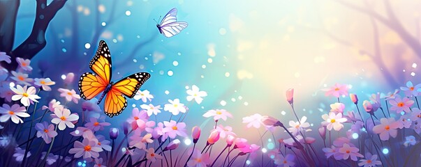 Fototapeta na wymiar flower meadow with butterfly in spring illustration