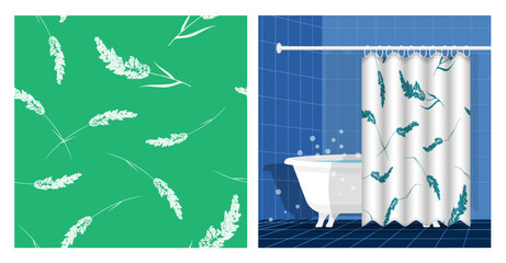 Bathroom interior with bathtub and curtain decorated cereal grass with panicle fluffy crown of meadow grass seamless pattern. Vector illustration, ornament for design of posters, printing on fabric