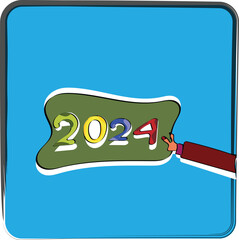 Happy new year 2024 design. hands holding 2024 banner. With colorful truncated number illustrations. Premium vector design for poster, banner, greeting and new year 2024 celebration.