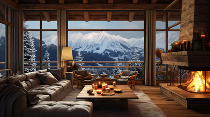 Living room with fireplace mountain chalet interior