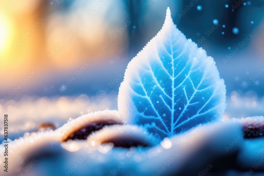 Poster beautiful winter background with a leaf covered with hoarfrost in nature in the snow. ai generated.