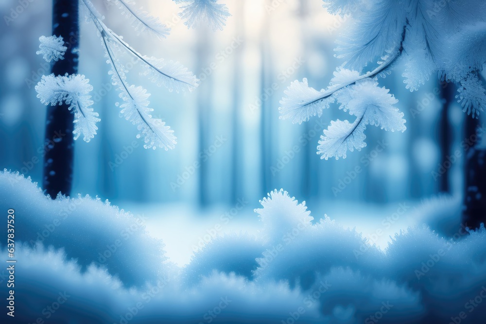 Poster Beautiful winter background with snow-covered trees and frost-covered branches. Created by AI.