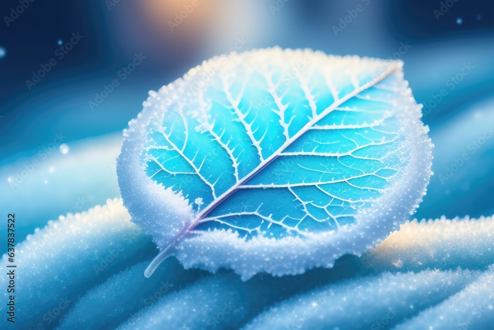 Poster beautiful winter background with a leaf covered with hoarfrost in nature in the snow. ai generated.