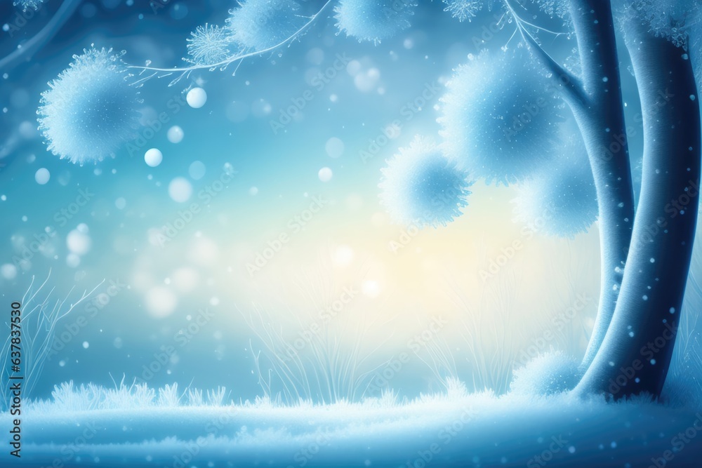 Poster Beautiful winter background with a fantasy tree in the snow and frost-covered branches. Created by AI.