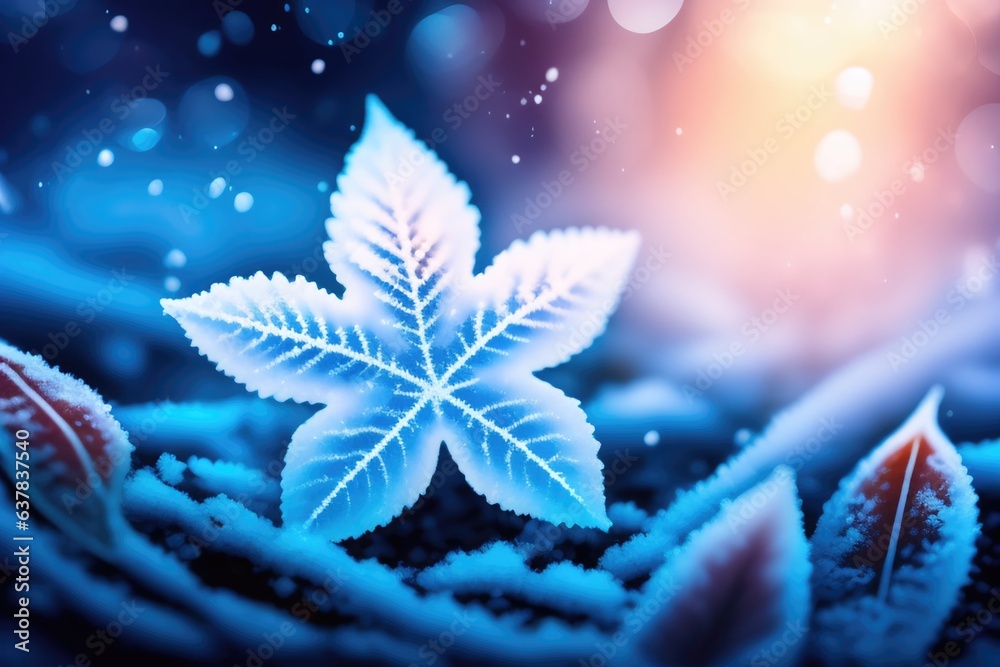 Poster beautiful winter background with a leaf covered with hoarfrost in nature in the snow. ai generated.