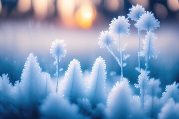 Beautiful winter background with a plants covered with hoarfrost. AI generated.