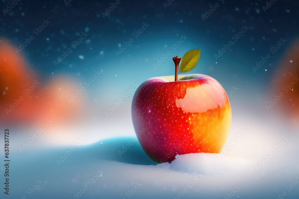 Poster beautiful ruddy red apple on the snow. created by ai.