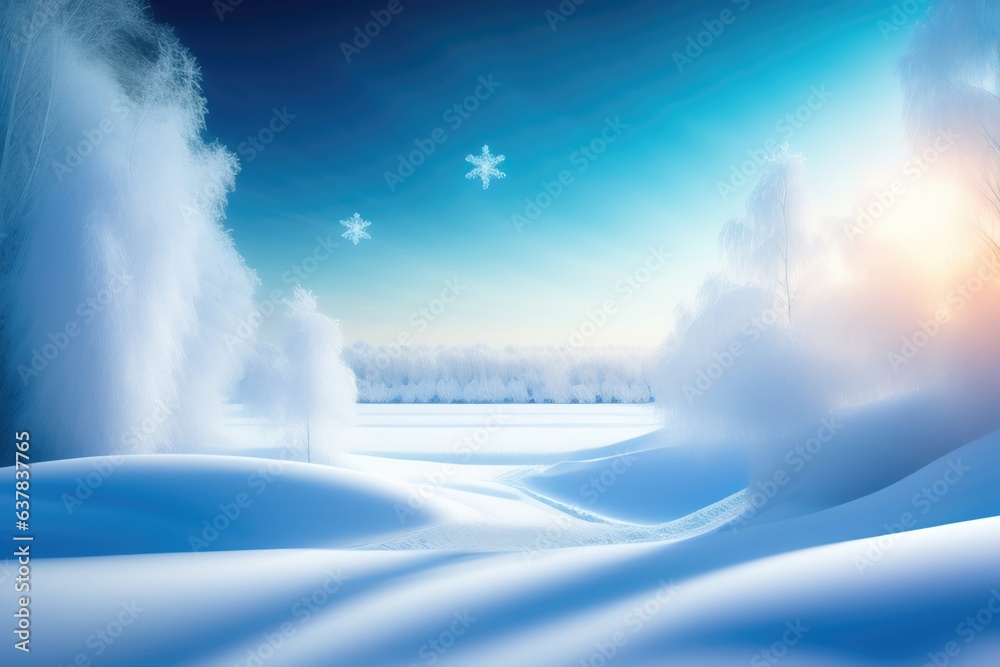 Poster beautiful winter christmas soft fluffy snowy landscape with snowdrifts and trees in sunlight. create