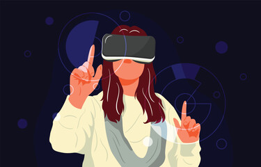 Futuristic digital technology. Woman in virtual reality concept. Connection, technology, business analysis, organization concept in cartoon. Woman using vr headset. Flat Vector Illustration