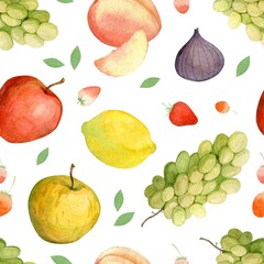 Watercolor seamless pattern on a white background with illustrations of different fruits and berries