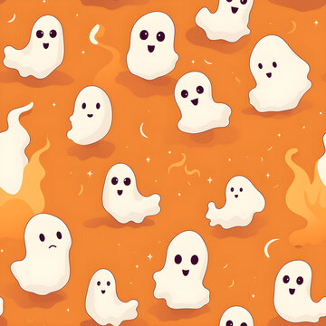 Seamless pattern a little ghost cartoon in orange background ,Generative AI tools
