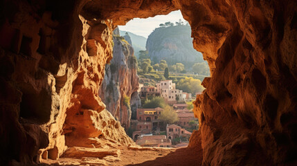view from a cave on an old small town.