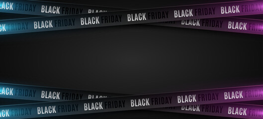 Fototapeta 3d ribbons with blue and purple glow for Black Friday sale on black background. Crossed ribbons. Graphic elements for big sale. Vector illustration. obraz