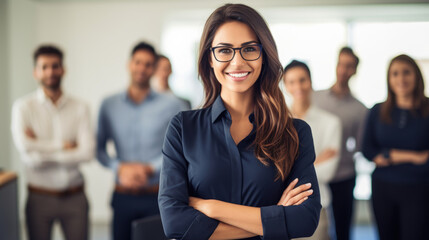Beaming and alluring self-assured female professional showcasing herself at her corporate workspace, surrounded by fellow team members and staff members.