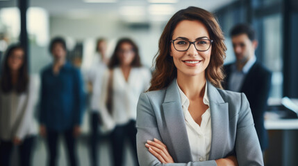 Beaming and alluring self-assured female professional showcasing herself at her corporate workspace, surrounded by fellow team members and staff members.