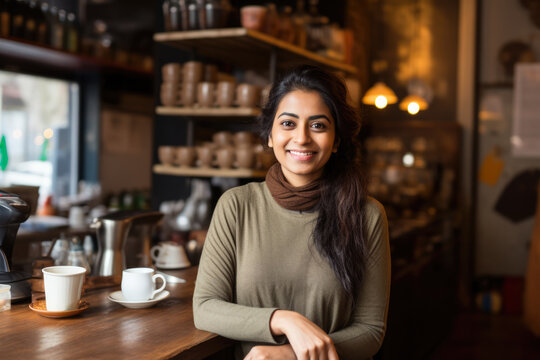 Proud small business Indian owner looking at the camera. Generative AI.