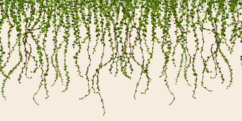 Green foliage wall vector illustration, climbing plant leaves seamless horizontal pattern - obrazy, fototapety, plakaty