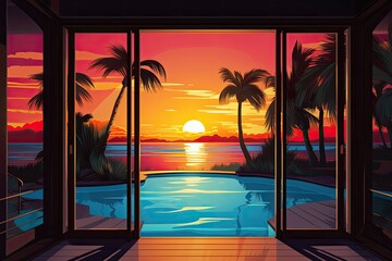 luxury house with pool at sunset tropical summer vacation illustration