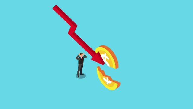 Businessman frustrated from arrow splitting dollar coin and financial crisis 3d isometric cartoon animation in 4K UHD 3840x2160