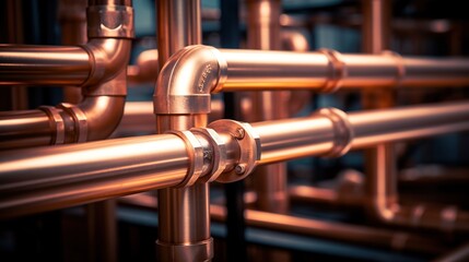 copper pipeline of a heating system, water or gas systems, plumbing concept