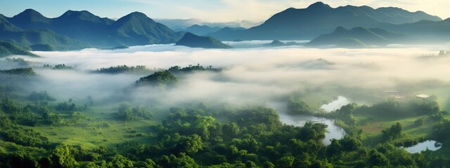 jungle landscape, fog, clouds and mountains panorama