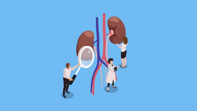 Group of doctors doing activities around human kidneys cartoon animation in 4K UHD 3840x2160