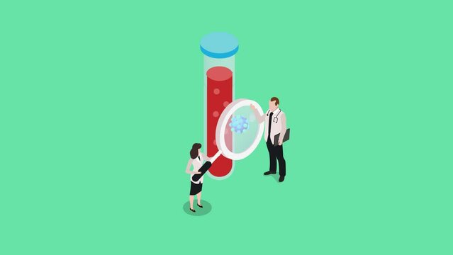 a scientist holding blood test tube and magnifying glass zoom blood and plasma cartoon animation in 4K UHD 3840x2160 - Powered by Adobe