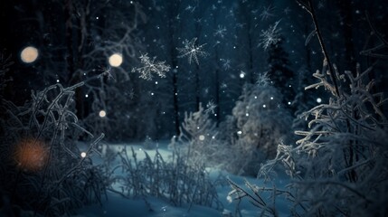 Winter navy blue background with snowflakes and forest. Generative AI.