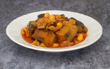 Homemade eggplant dish with chickpeas and meat