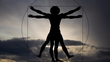 Da Vinci's Vitruvian Man Silhouette, Time Lapse at Sunrise with Fast Clouds in Background