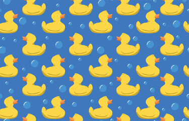 Cute rubber yellow duck seamless pattern. Vector illustration for packaging, t-shirt design, texture wallpaper, animal background. Plastic duck