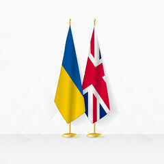 Ukraine and United Kingdom flags on flag stand, illustration for diplomacy and other meeting between Ukraine and United Kingdom.